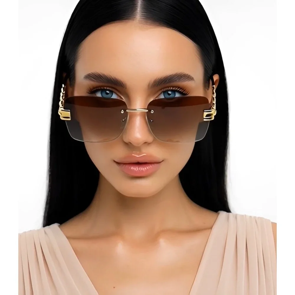 Rimless Sunglasses Gold Chain Link Arms Brown Lens Fashion Sun Glasses Women New